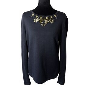 St. John Sport Women's Black Gold Knit Sweater Beaded Wool Blend Medium